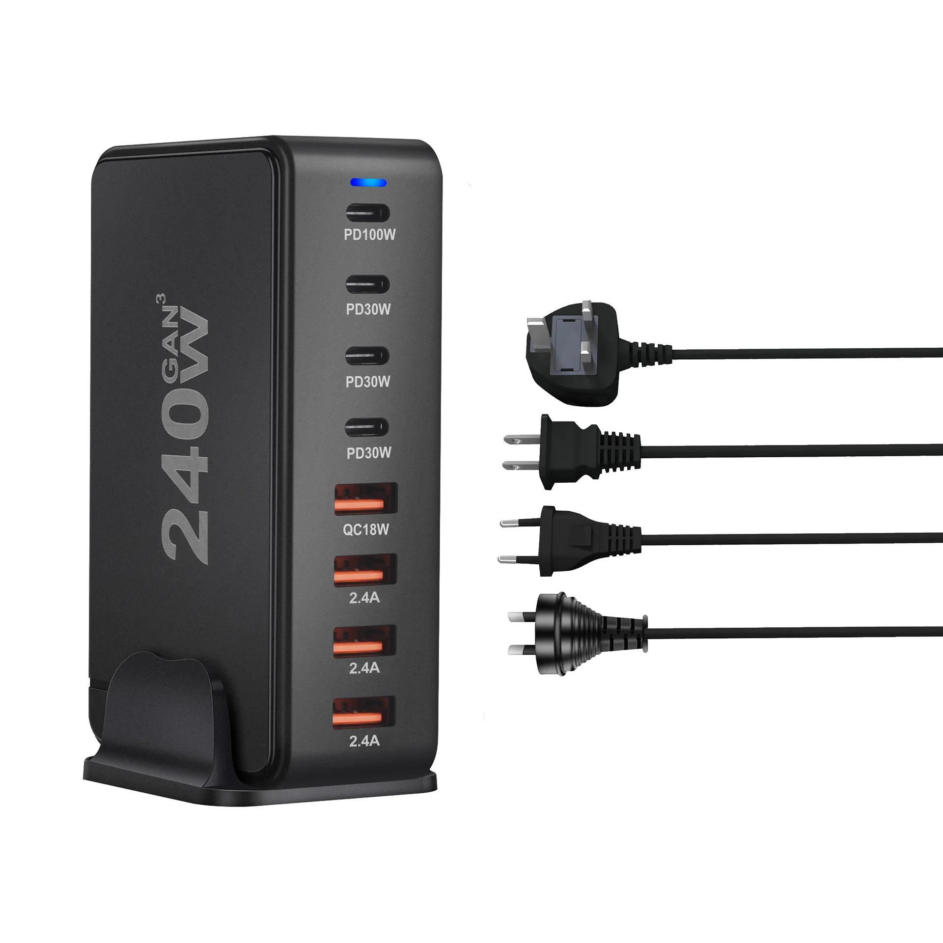 Chargeur Bureau GaN 8 Ports 240W – Charge Rapide USB-C PD & QC3.0 pour iPhone, Samsung, MacBook