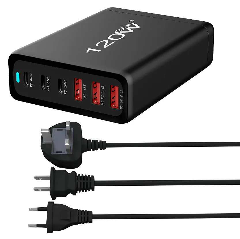 Station de Charge GaN 120W 6 Ports USB-C & USB-A Chargeur Rapide Bureau Multiappareils