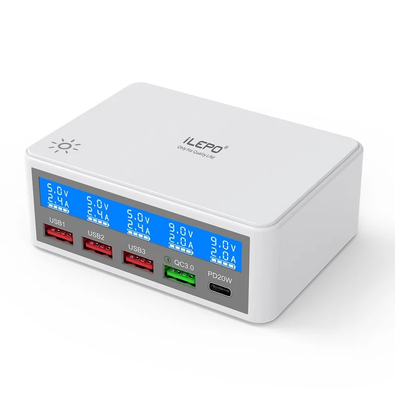 Station de Charge Rapide 65W – 4 USB + Type-C, QC3.0 & PD, Écran LED