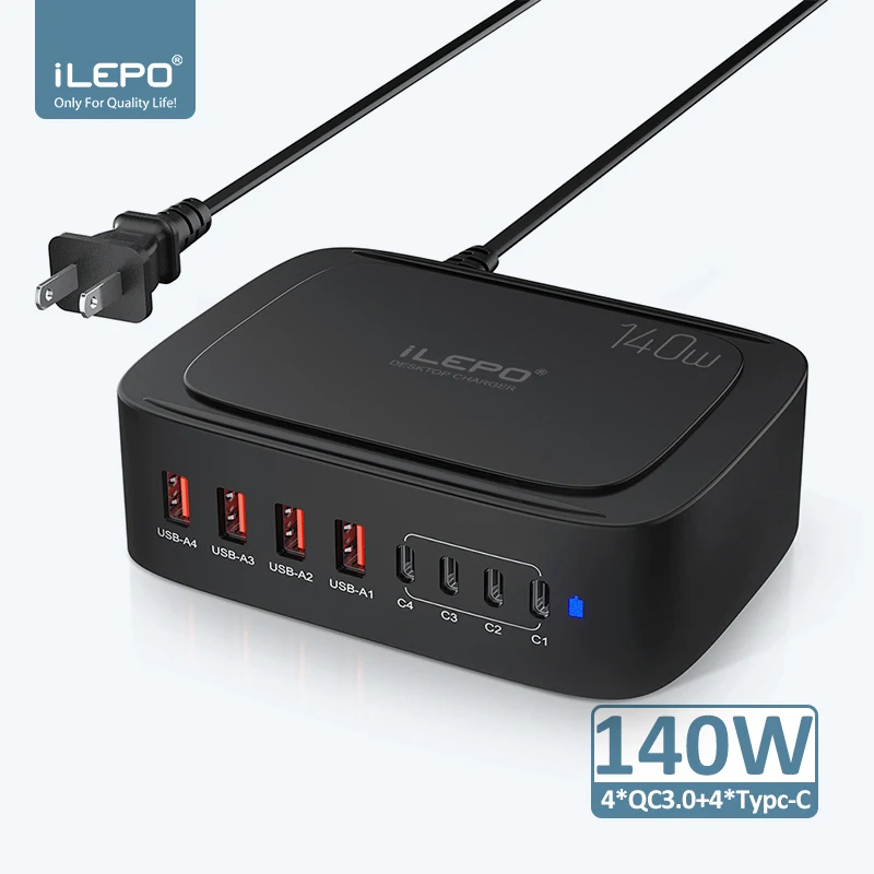 Station de Charge USB 8 Ports 140W – Charge Rapide Bureau Téléphone Montre Laptop