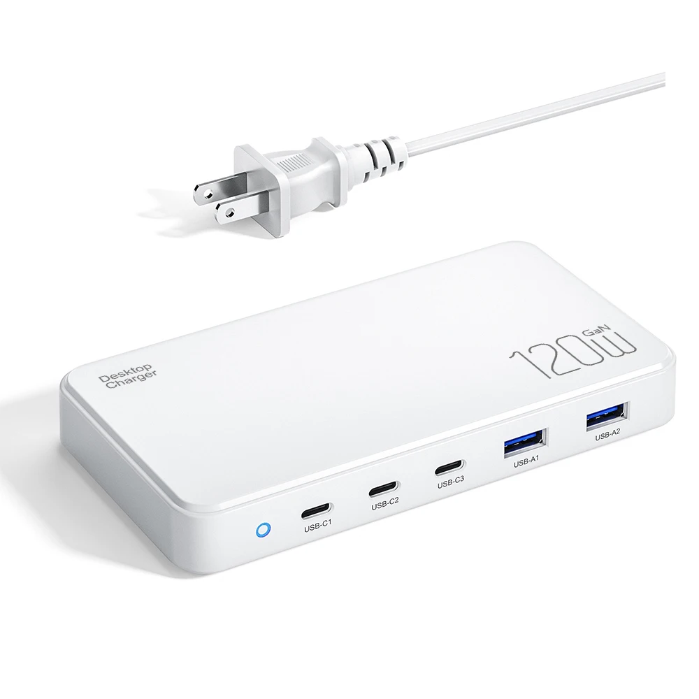 Chargeur GaN 120W 5 Ports USB-C 100W Charge Rapide Bureau Ordinateur Téléphone