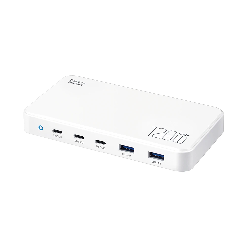 Chargeur GaN 120W 5 Ports USB-C & USB-A Charge Rapide QC3.0 PD pour PC & Smartphones
