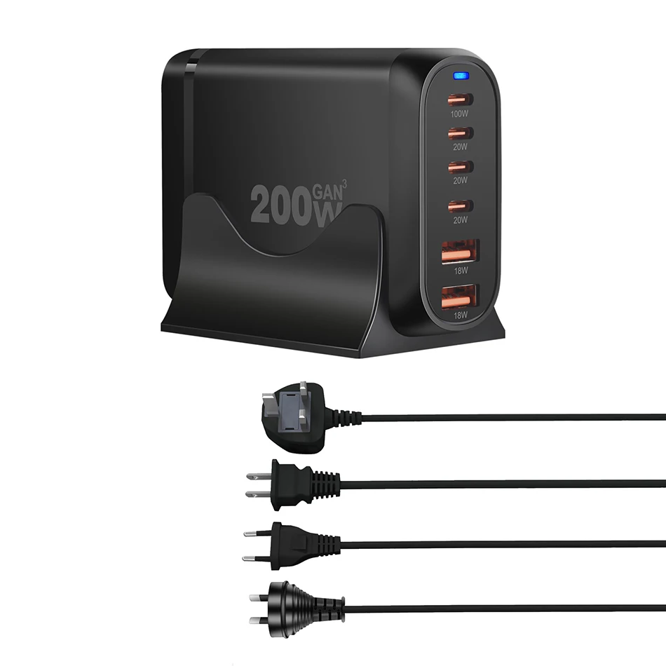 Chargeur Bureau GaN 200W 6 Ports USB-C PD 100W Charge Rapide Tous Appareils