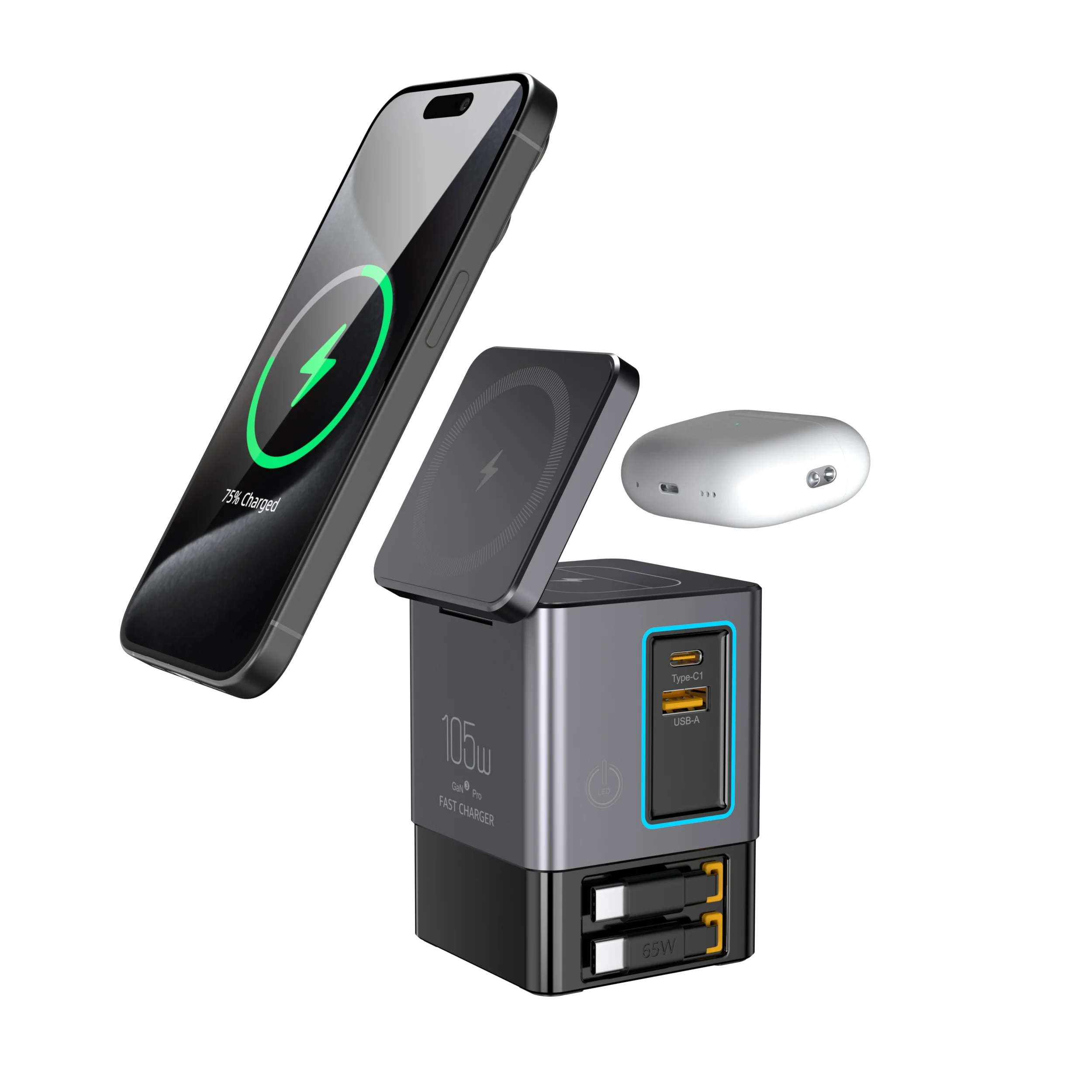 Station de Charge Rapide 6en1 105W GaN | Sans Fil + Câble USB-C Rétractable | i116Max