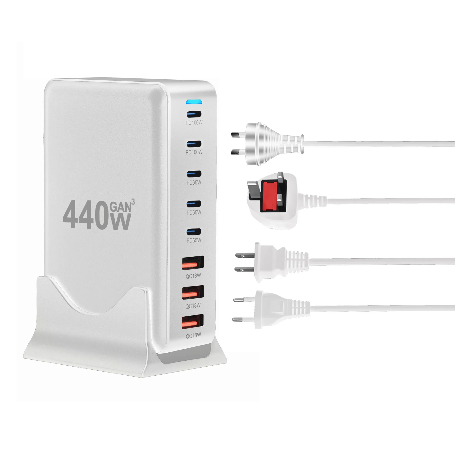 Station de Charge GaN 440W 8 Ports USB-C Rapide PD3.0 QC3.0 pour PC & Téléphones
