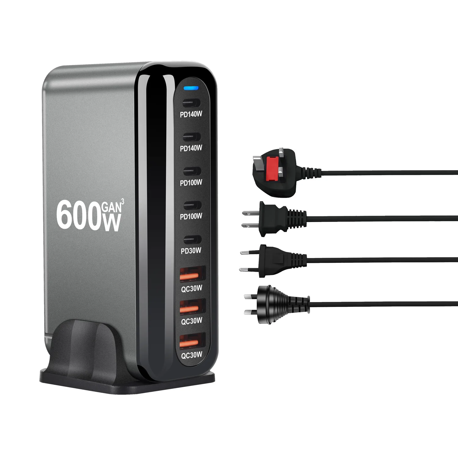 Station de Charge Rapide 8 Ports 600W GaN III – USB-C PD 140W + QC 3.0