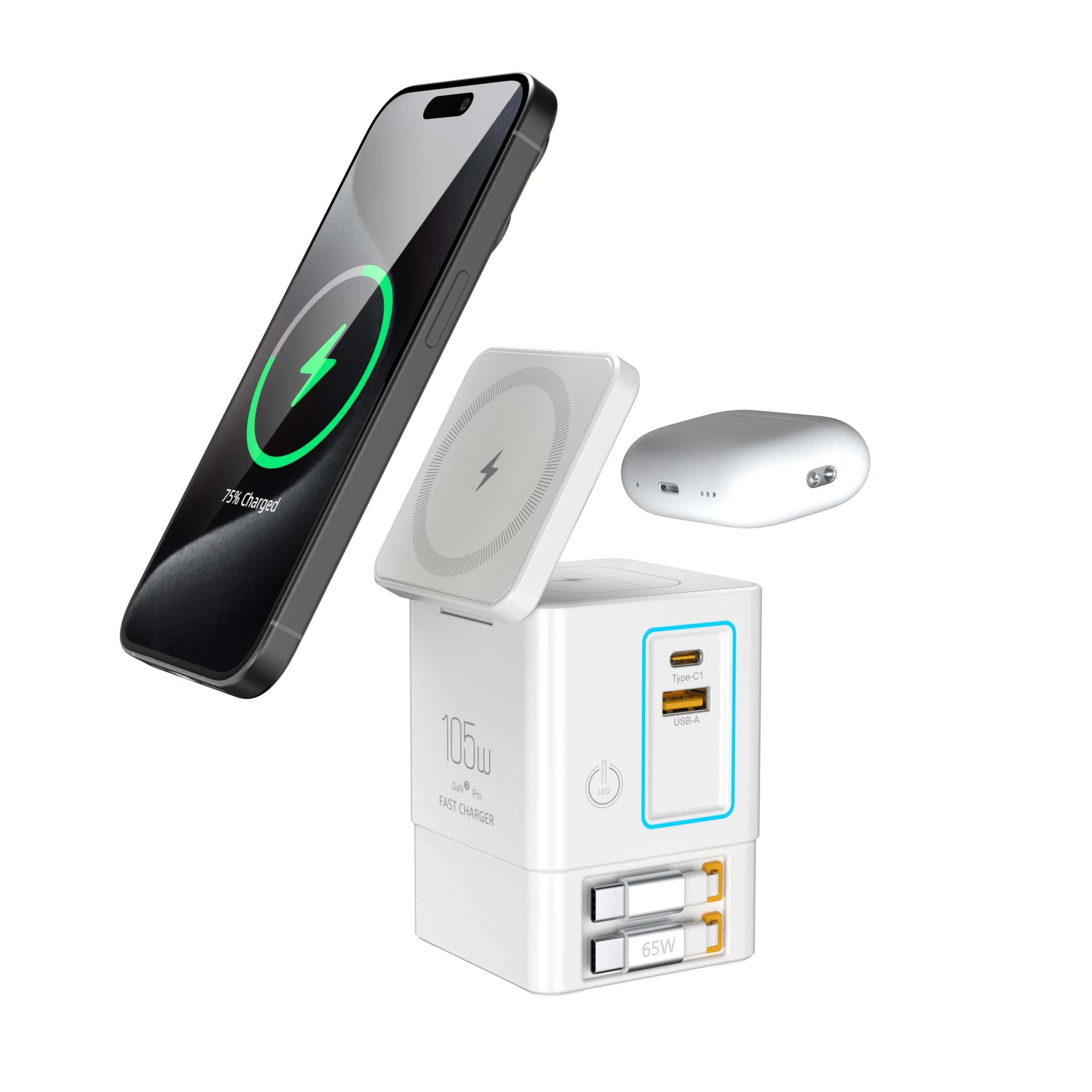 Station de Charge 7-en-1 PowerCombo 105W – Sans Fil + Câble USB-C Rétractable