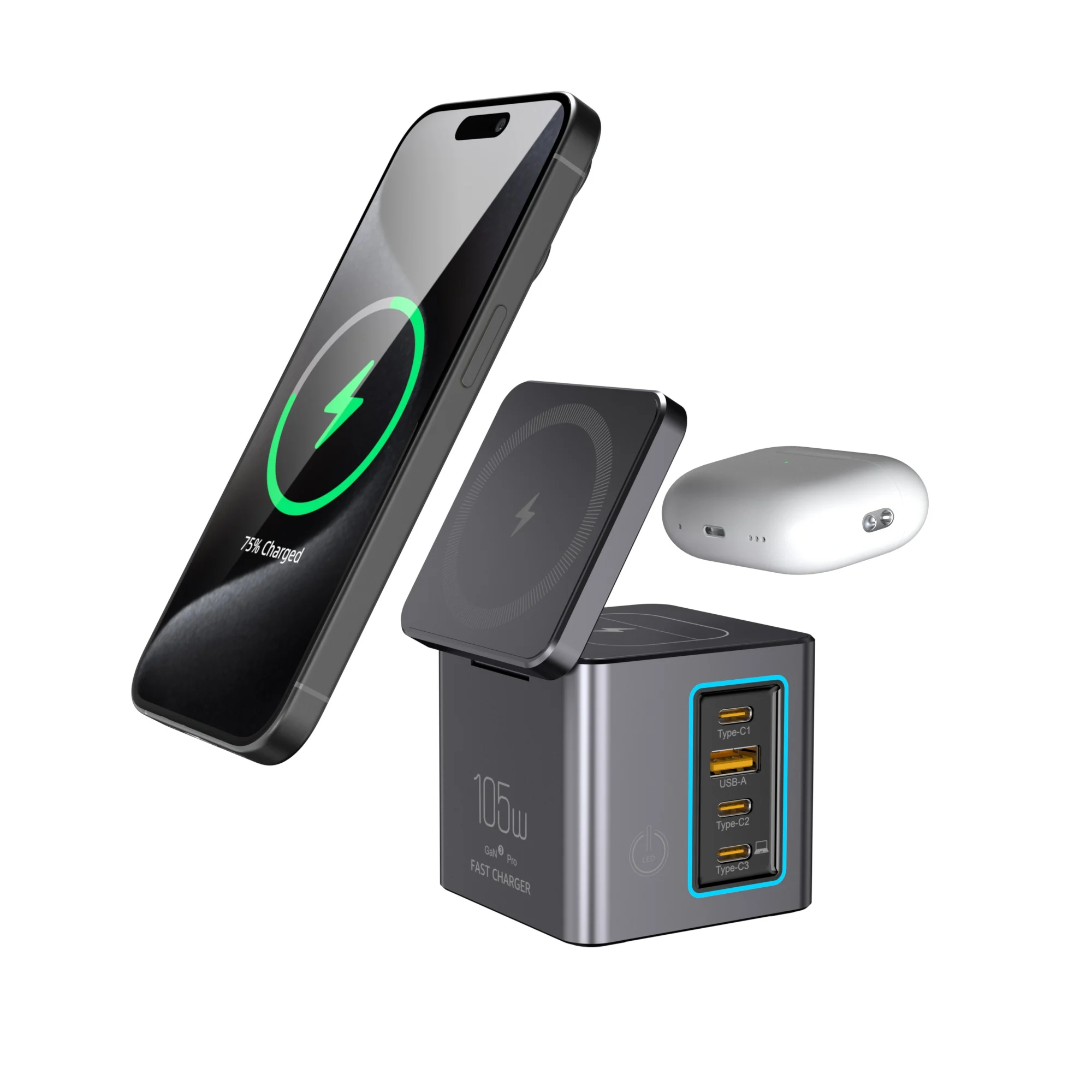Station de Charge 6-en-1 105W – Chargeur Sans Fil 15W + 4 Ports USB-C/USB-A Tour de Bureau