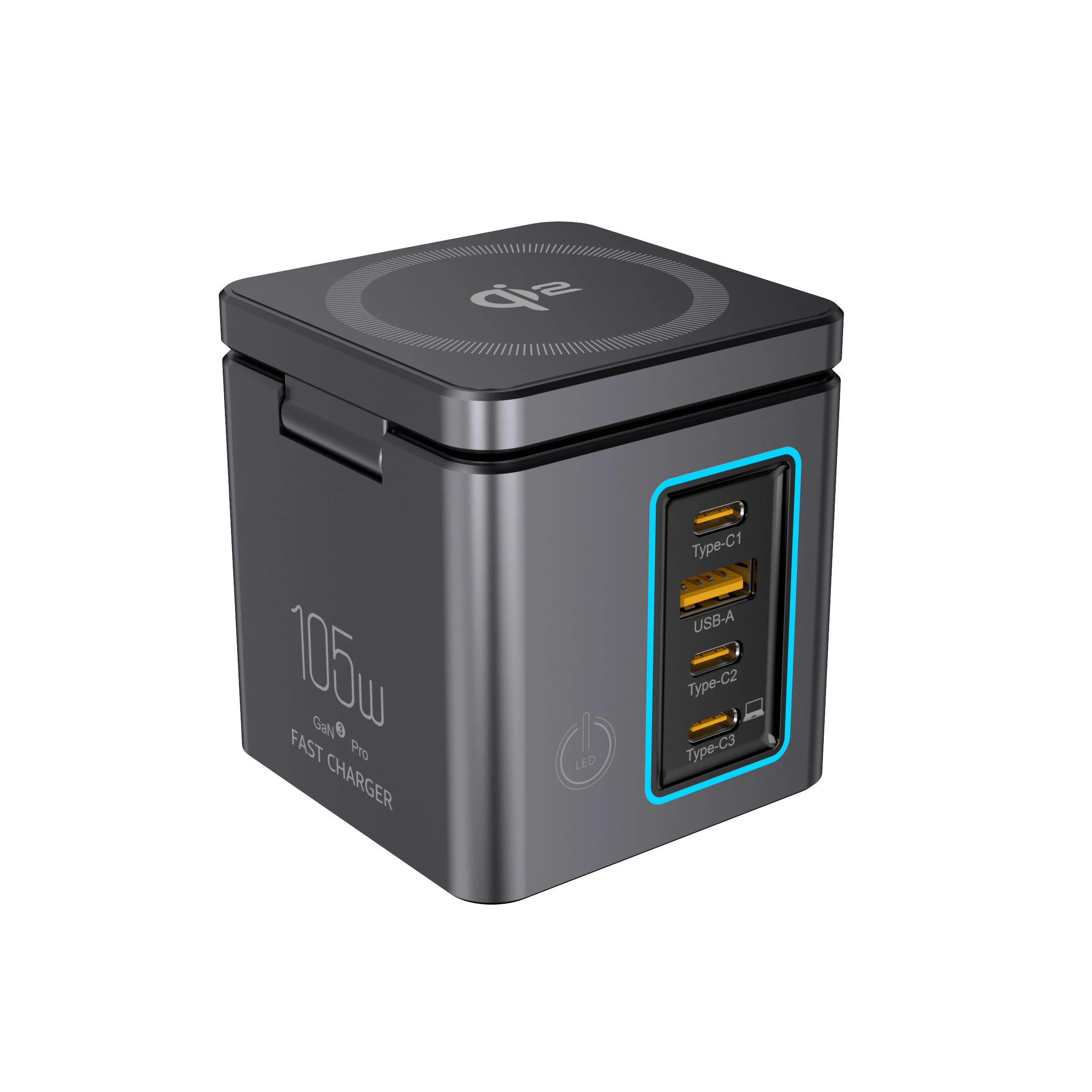 Station de Charge 6en1 105W QI2 – Sans Fil 15W + 4 Ports USB + Lampe de Bureau