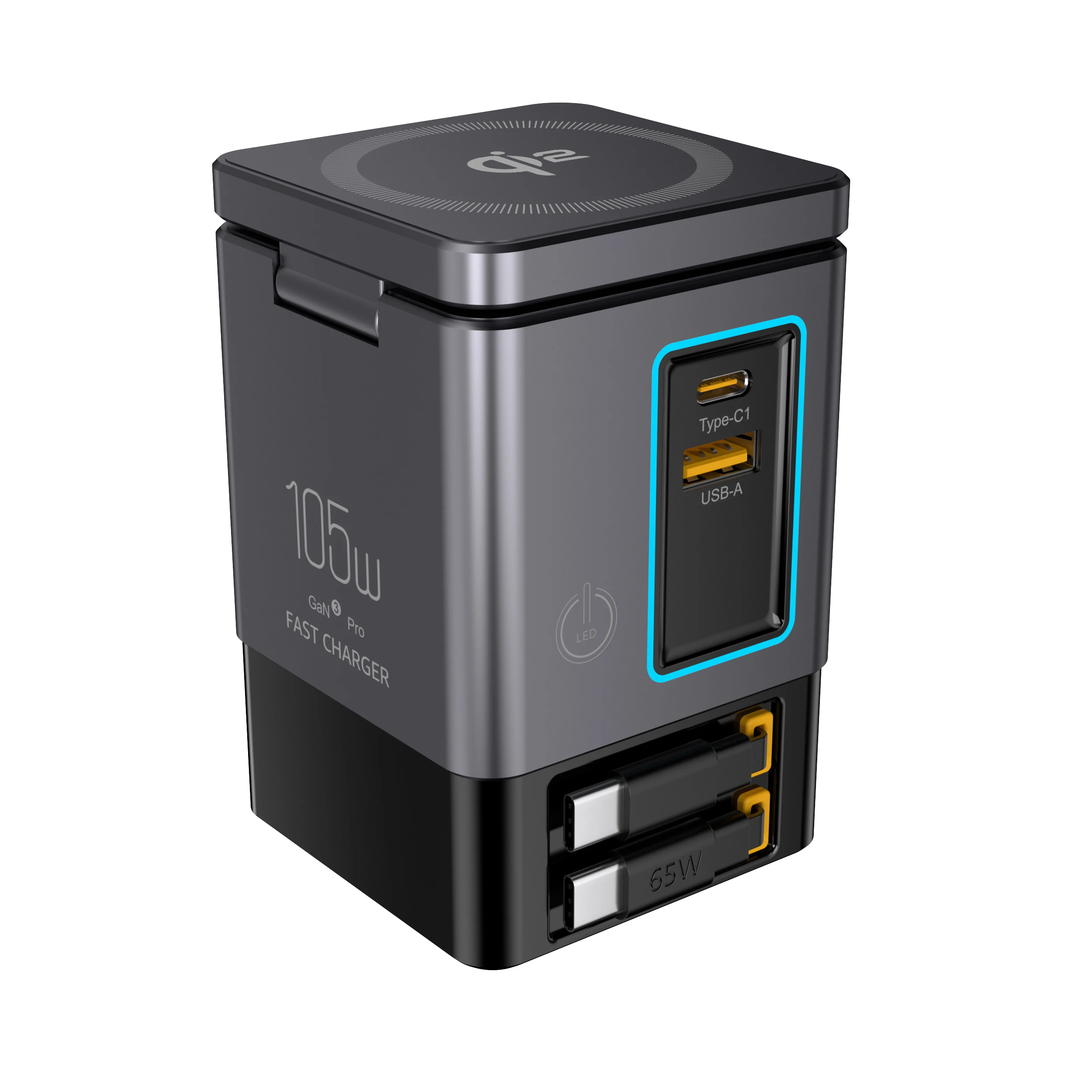Station de Charge 7en1 QI2 105W – Sans Fil + Câble Rétractable USB-C + Lampe LED