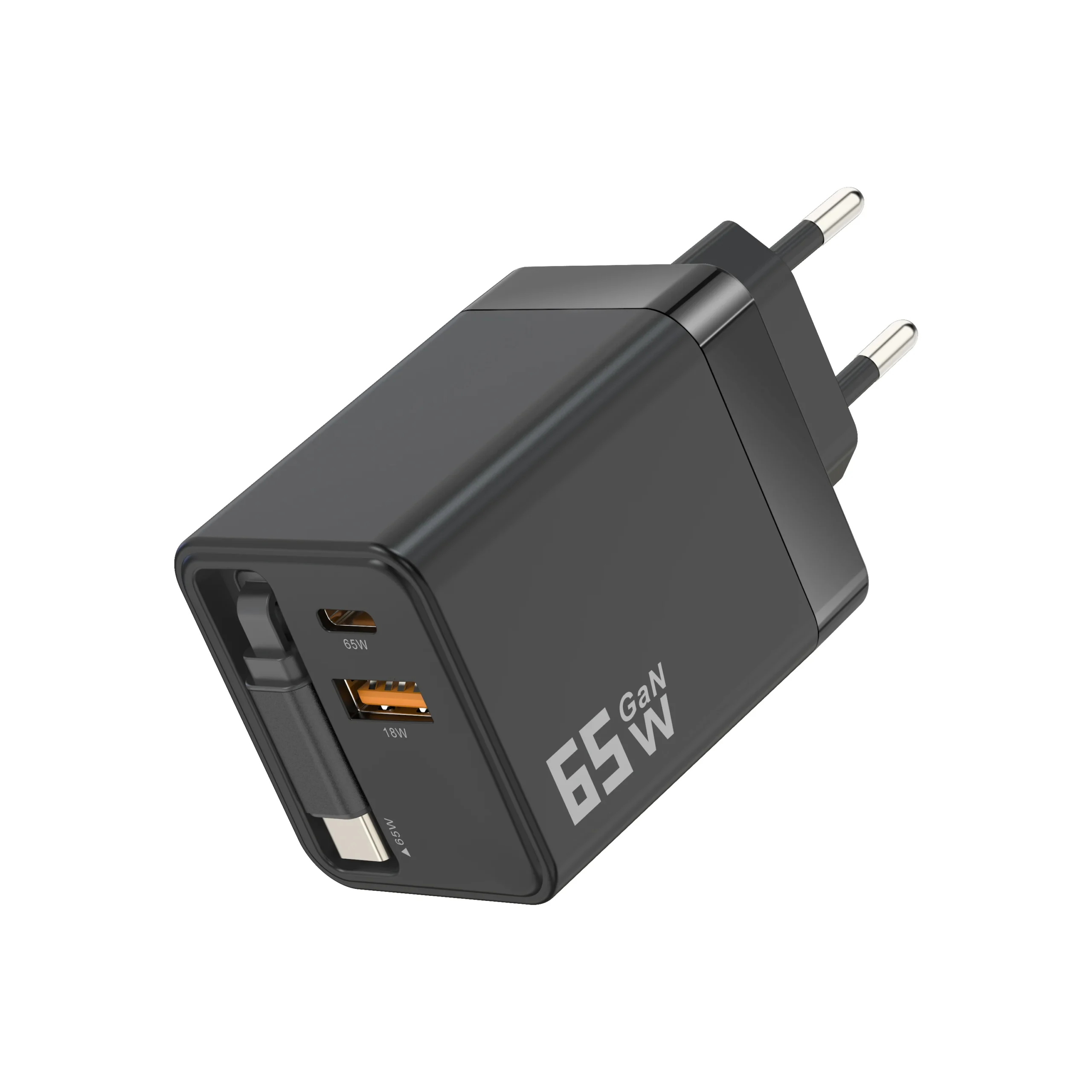 Chargeur Rapide GaN 65W Rétractable USB-C | PD 3.0 & QC 3.0 | Prise EU/US/UK