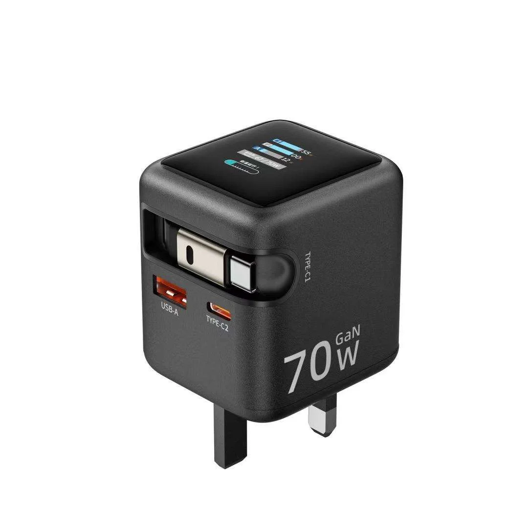 Chargeur Rapide 70W GAN USB-C/USB-A Affichage TFT Câble Rétractable QC3.0 PD3.0
