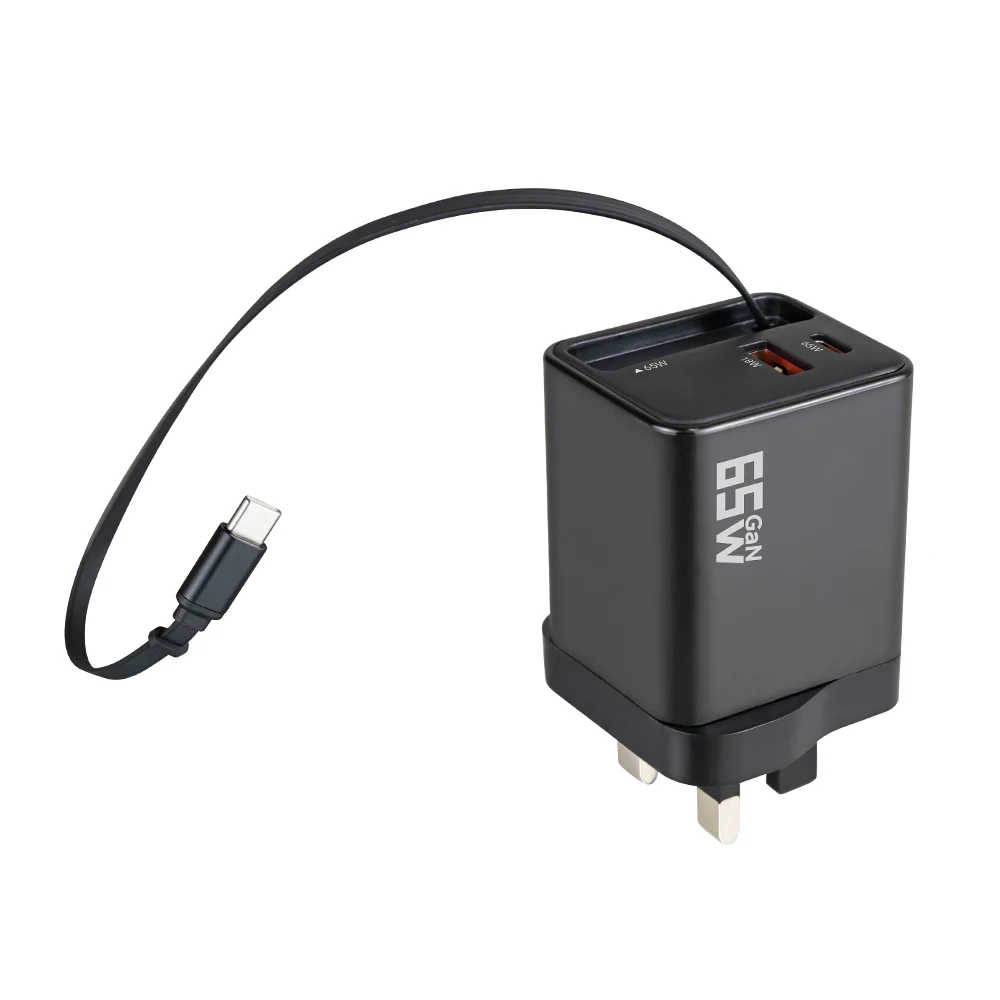 Chargeur GaN 65W Rétractable 3-en-1 USB-C & USB-A Charge Rapide PD 3.0 QC 3.0