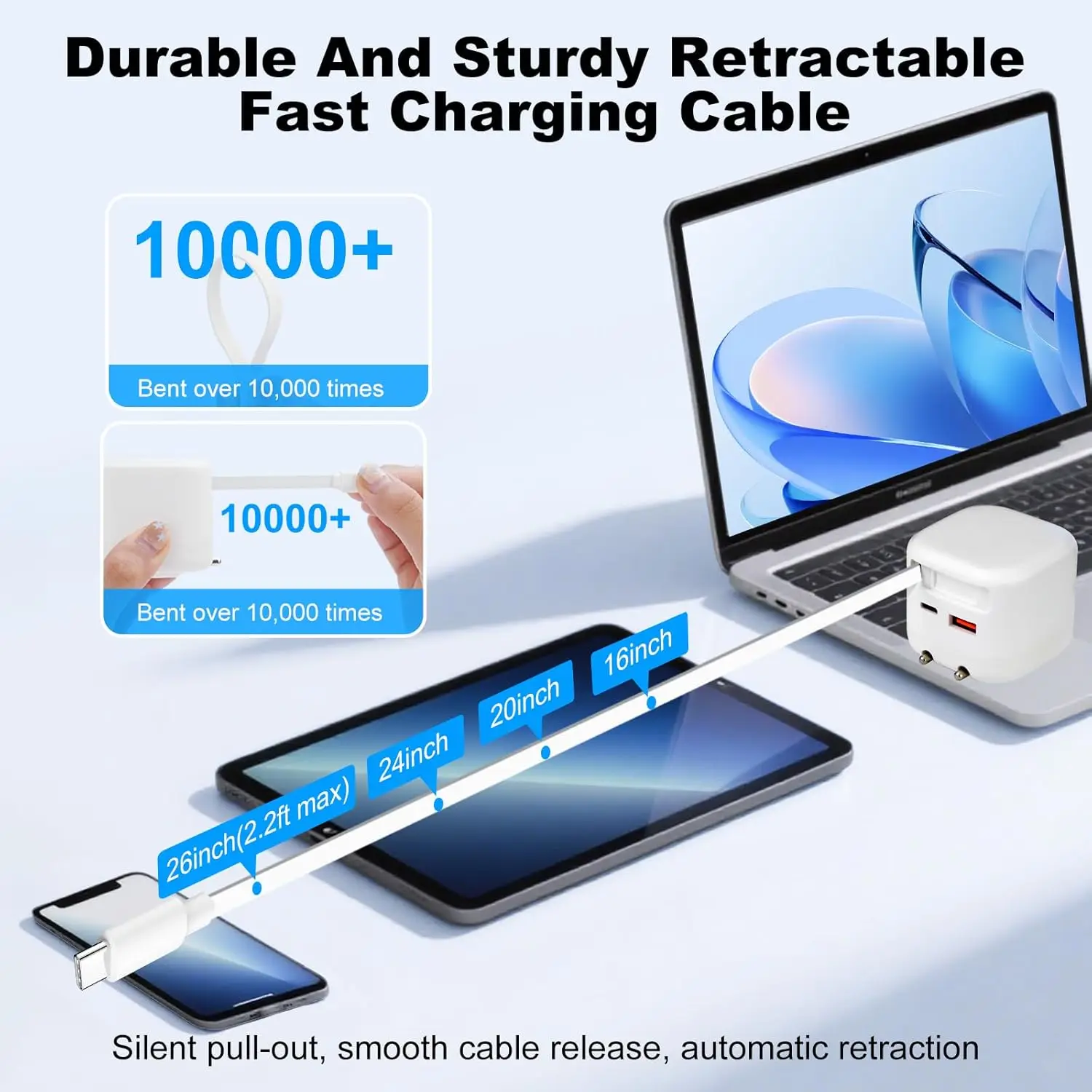 Chargeur GaN 30W Charge Rapide PD3.0 QC3.0 avec Câble Rétractable 80cm - Prise EU