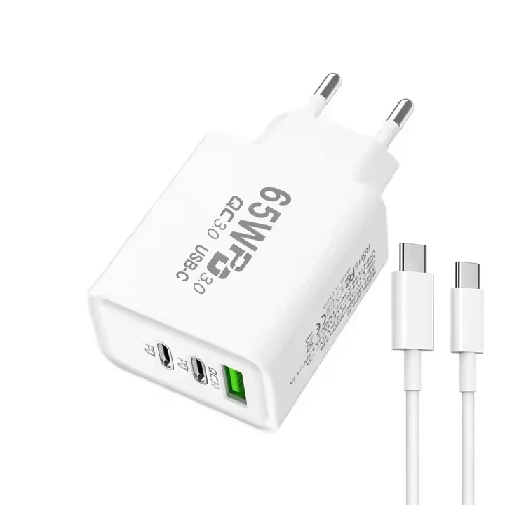 Chargeur Rapide GaN 65W 3 Ports (2 USB-C + 1 USB-A) QC4.0 PD SCP – Garantie 12 Mois