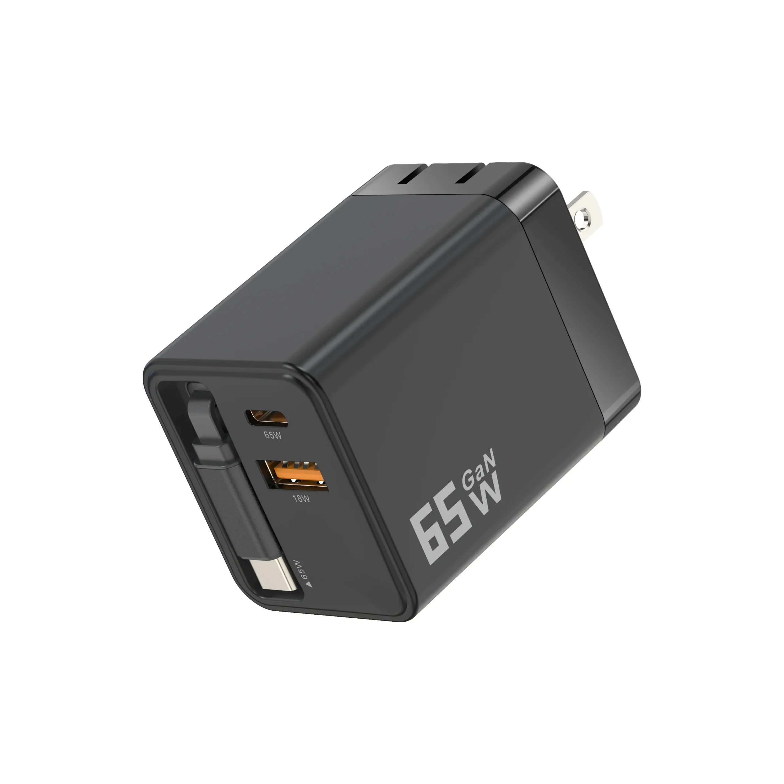 Chargeur Rapide GaN 65W USB-C Double Port Câble Rétractable PD 3.0 QC 3.0 – Prise US/EU/UK
