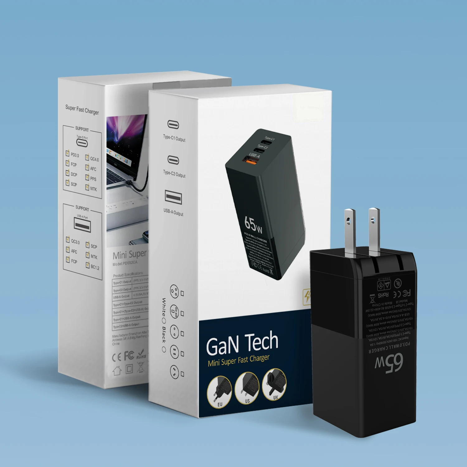 Chargeur GaN 65W 3 Ports USB-C + USB-A Charge Rapide PD QC3.0 – ILEPO i10
