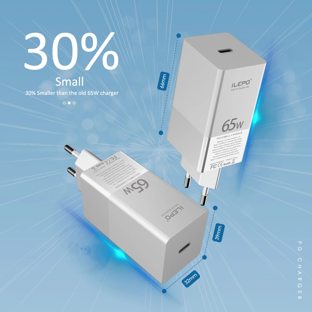 Chargeur GaN 65W USB-C Charge Rapide PD 3.0 QC – Certifié CE FCC RoHS | Ilepo W-616