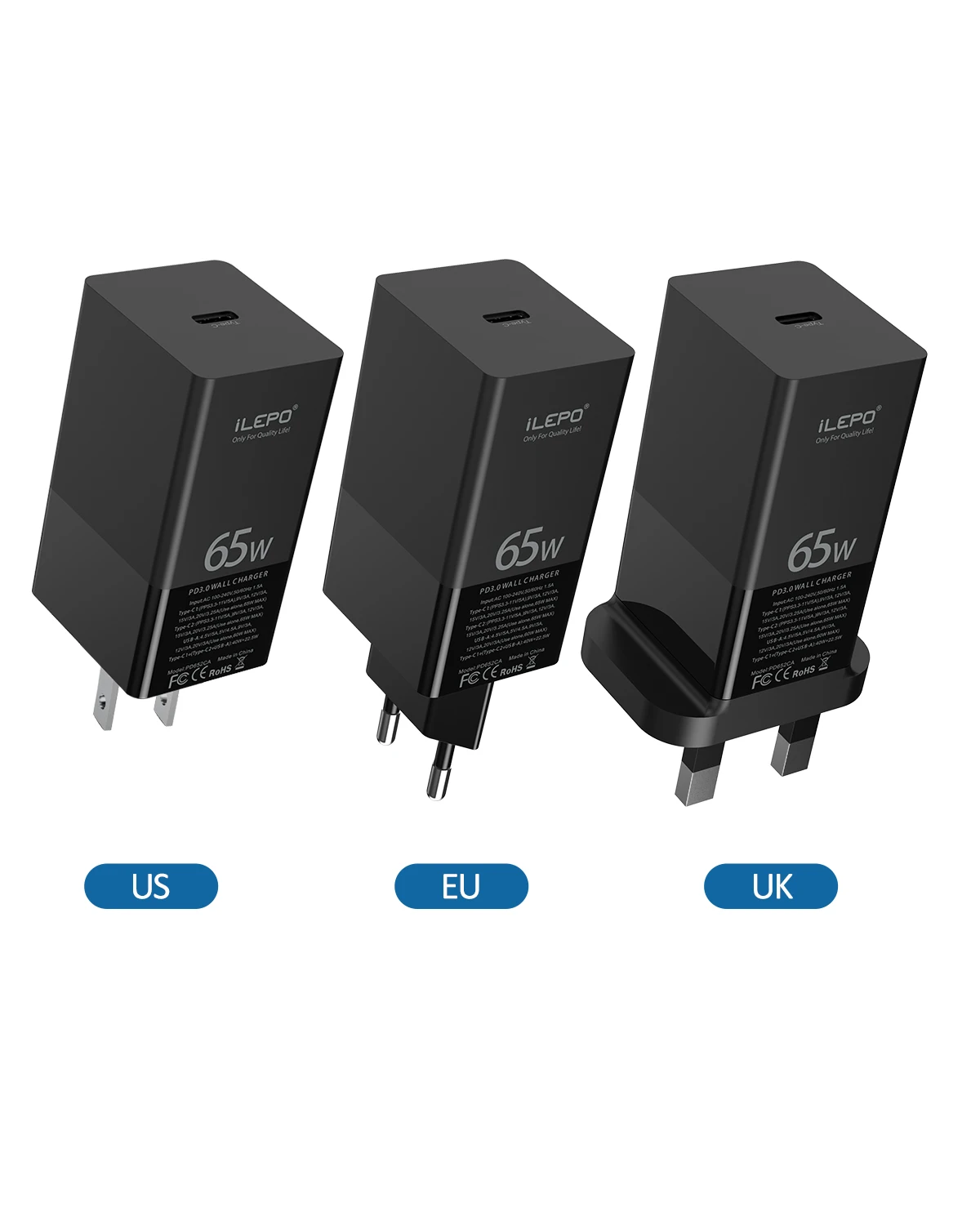 Chargeur GaN 65W USB-C PD3.0 QC3.0 Charge Rapide – Prise US/EU/UK | Téléphone & PC