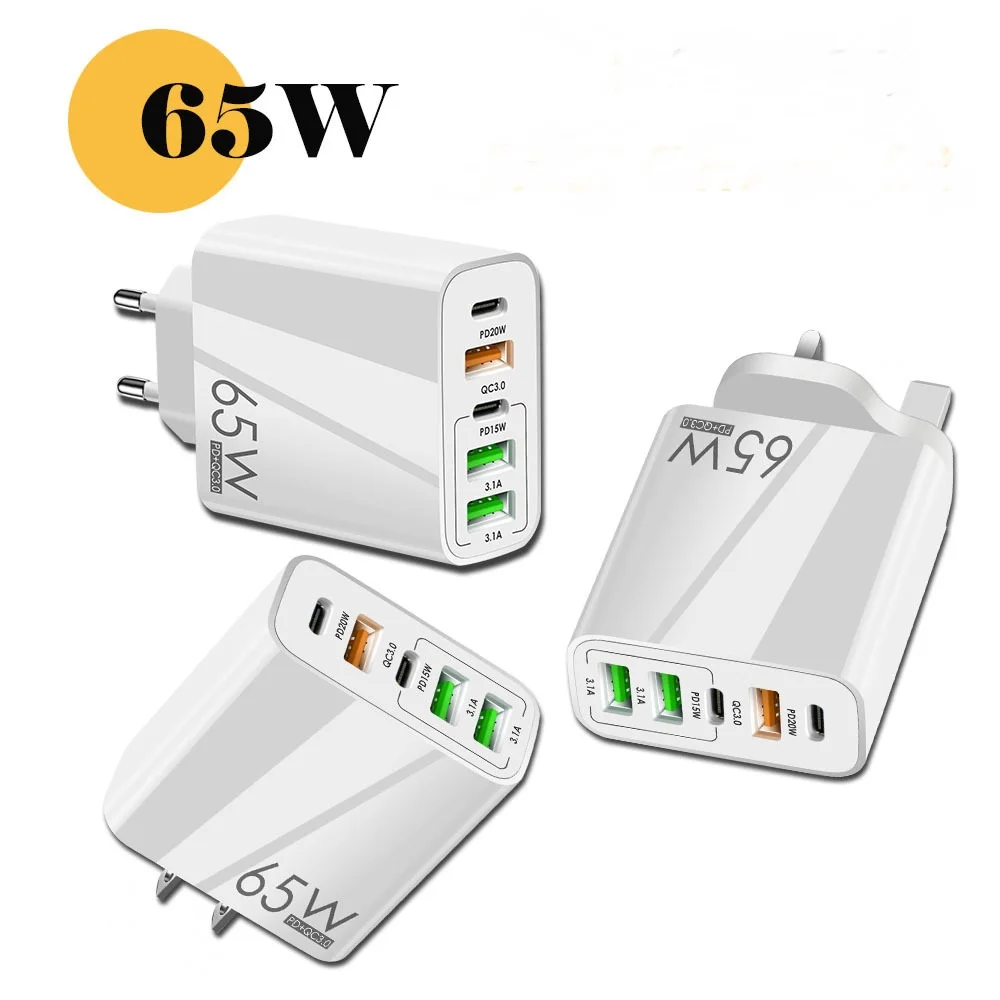 Chargeur Rapide 65W USB-C PD QC3.0 – 5 Ports | Compatible iPhone, Android, iPad, Tablette