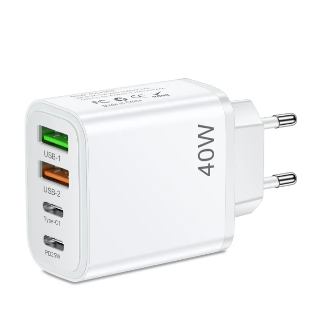 Chargeur Mural Rapide 40W | 4 Ports USB-A & USB-C | PD 3.0 & QC 3.0 | Prise EU/US