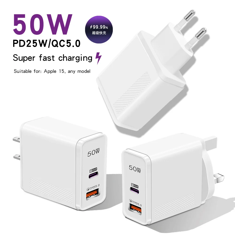 Chargeur Rapide 50W Double Port USB-C PD 3.0 | Compatible iPhone Samsung Xiaomi Huawei