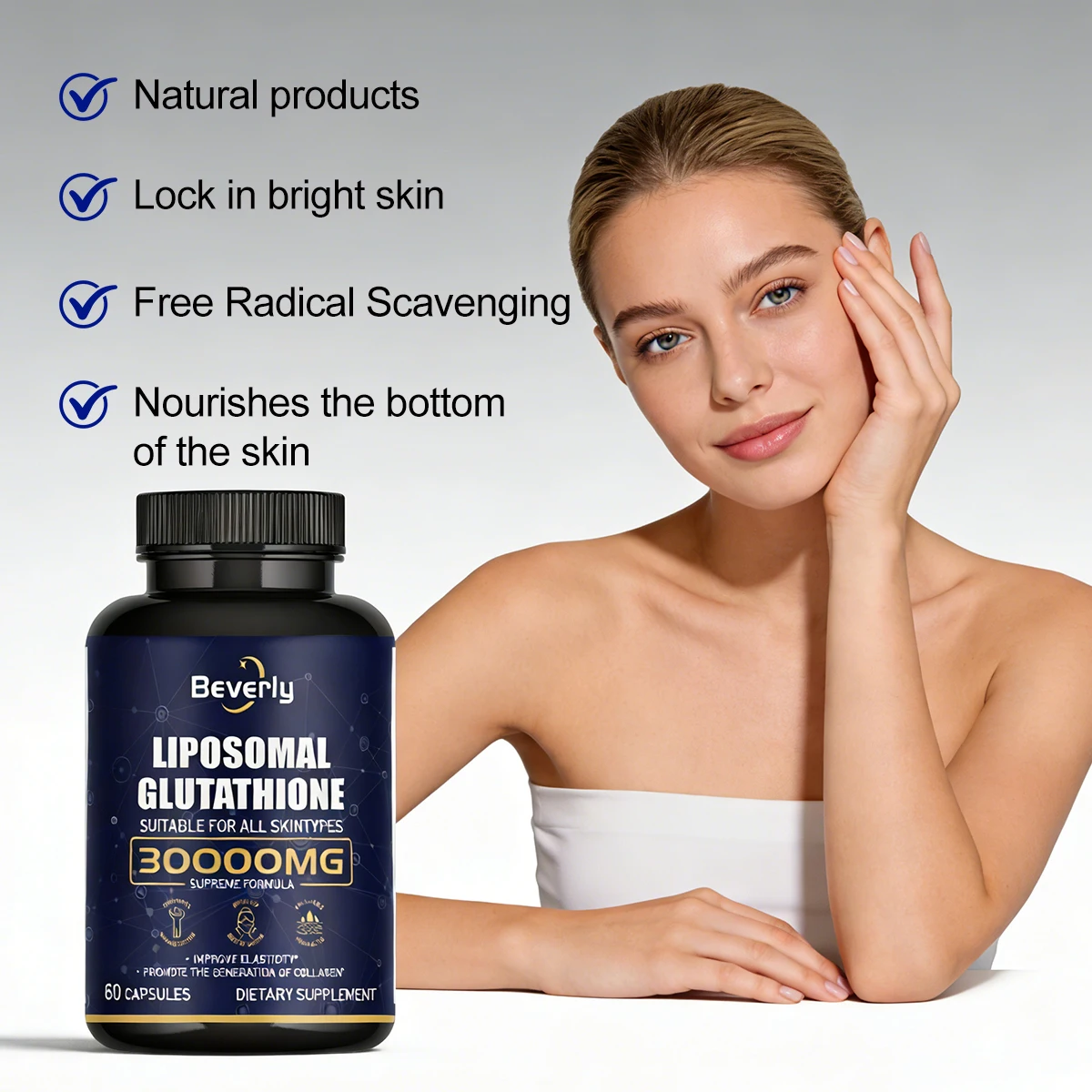 Beverly Glutathion Liposomal 60 Capsules – Vitamine C, Collagène, Resvératrol – Éclat & Peau Lumineuse