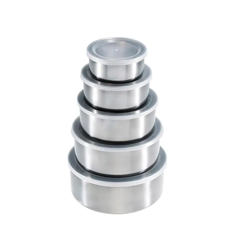 Ensemble 5 Boîtes Conservation Alimentaire Inox Empilables avec Couvercles – 10 à 18 cm