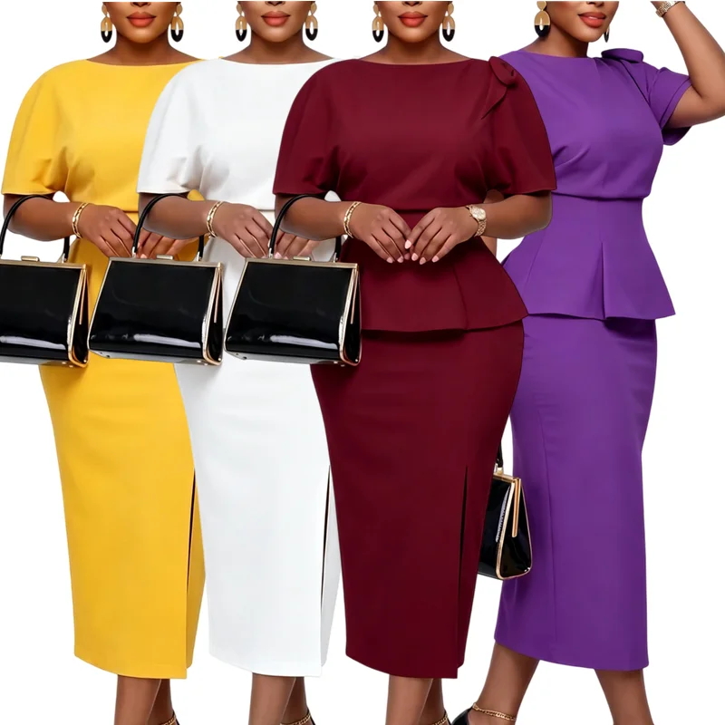 Robe Midi Élégante à Une Épaule & Volants – Coupe Crayon Taille Haute Style Africain