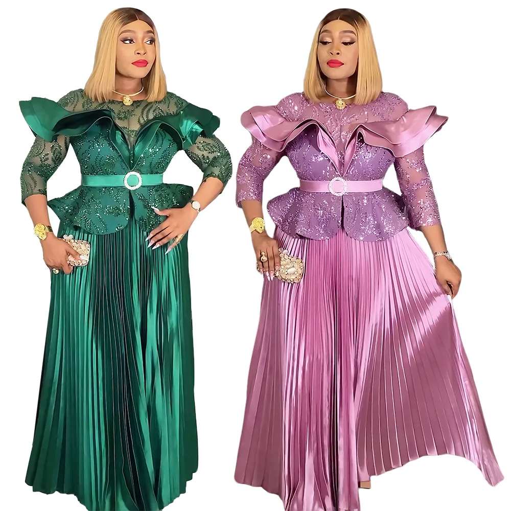 Robe de soirée luxueuse à paillettes – Col rond, manches longues, silhouette A-Line avec ceinture
