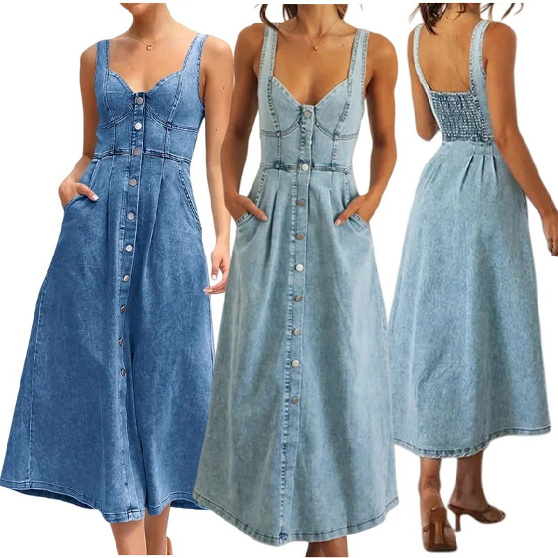 Robe en jean femme Y3004 – Col V, Sans manches, Coupe trapèze, Poches | Printemps-Été