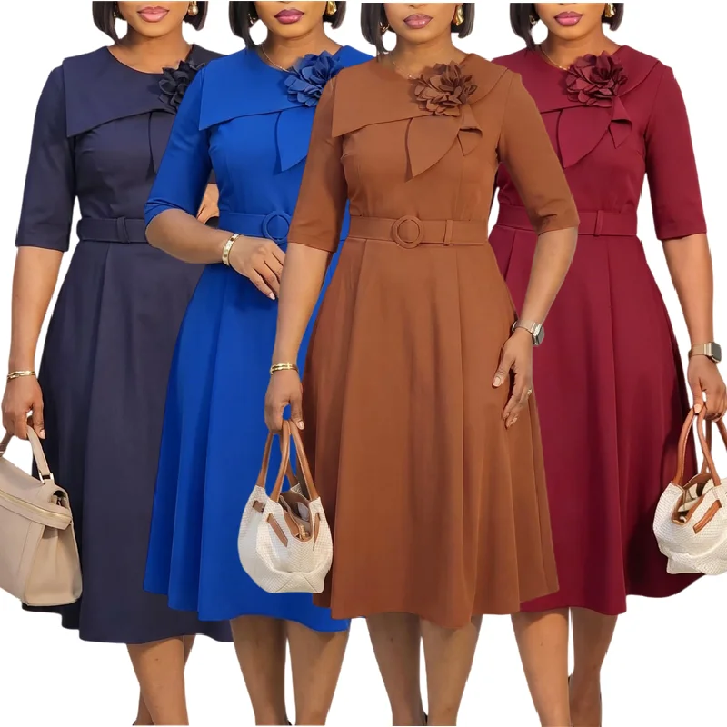 Robe Midi Trapèze Élégante D3377 – Col Rond, Manches Mi-Longues, Ceinture Incluse
