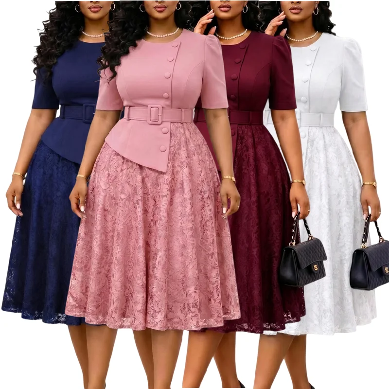 Robe deux pièces femme D637 – Élégante, dentelle & manches mi-longues | Style bureau