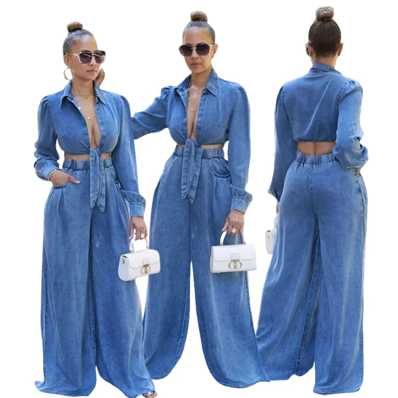 Ensemble Jean 2 Pièces Femme – Blouse & Pantalon Large Chic et Décontracté