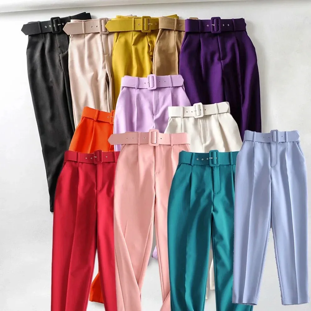 Pantalon Femme Taille Haute Slim Crayon – Élégant, Respirant, Longueur Cheville + Ceinture