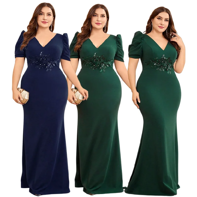 Robe Sirène Grande Taille LY2454D – Col V, Manches Bouffantes & Broderie Perlée
