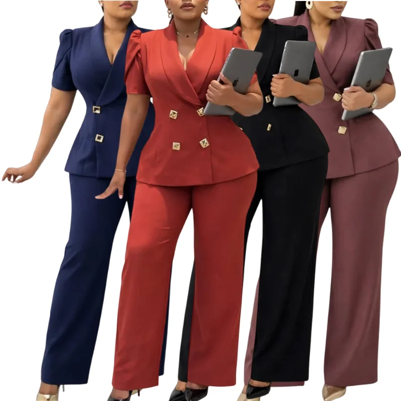 Ensemble femme chic : haut à double boutonnage & pantalon large taille haute – Bureau & Casual