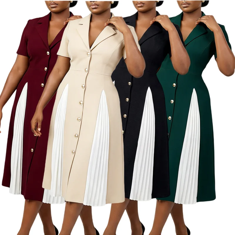 Robe Midi Femme Col V Manches Courtes | Color Block Élégante Bureau & Casual D3360