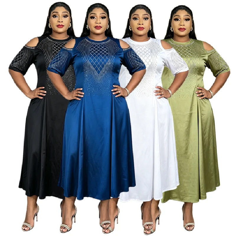 Robe Midi Africaine S9915 – Épaules Dénudées, Strass & Perles, Style Élégant