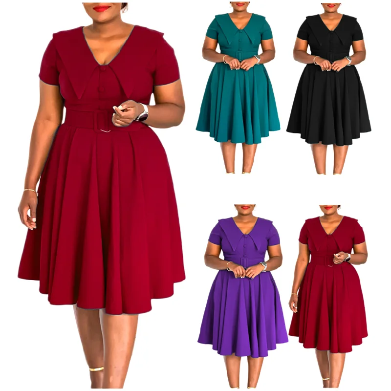 D588 Robe Femme Midi Trapèze Col Peter Pan – Élégante & Décontractée, Style Africain