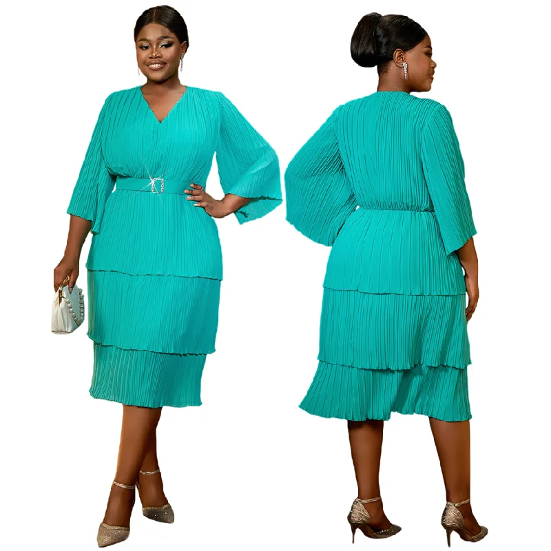 Robe Midi Femme Chic Col V Manches Évasées 3 Couches Plissées Mousseline – Élégante & Légère
