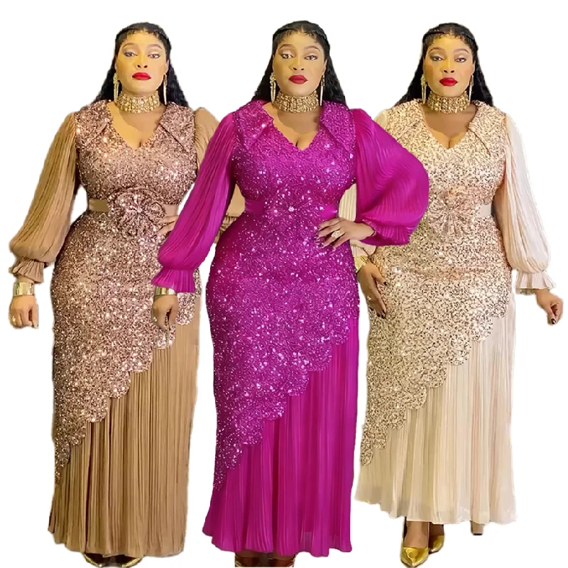 Robe de soirée luxe S10925 – Col V, manches bouffantes, broderies & paillettes, coupe sirène maxi