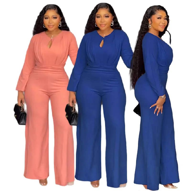 Combinaison femme tendance col V, manches longues, jambes larges, taille haute élastique