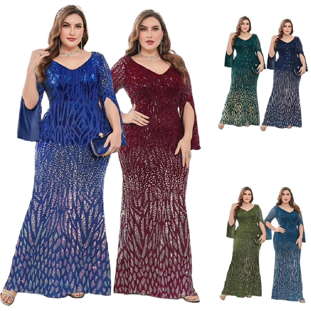 Robe de soirée sirène LY2192D | Col V, paillettes, manches longues, grandes tailles