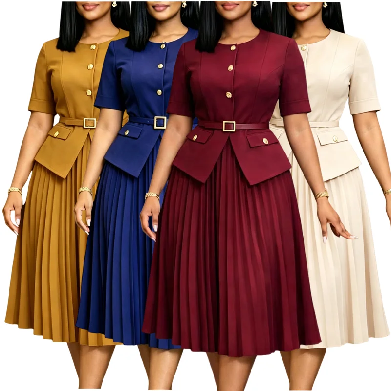 Robe deux pièces plissée femme col rond boutonnée avec ceinture – Style bureau chic