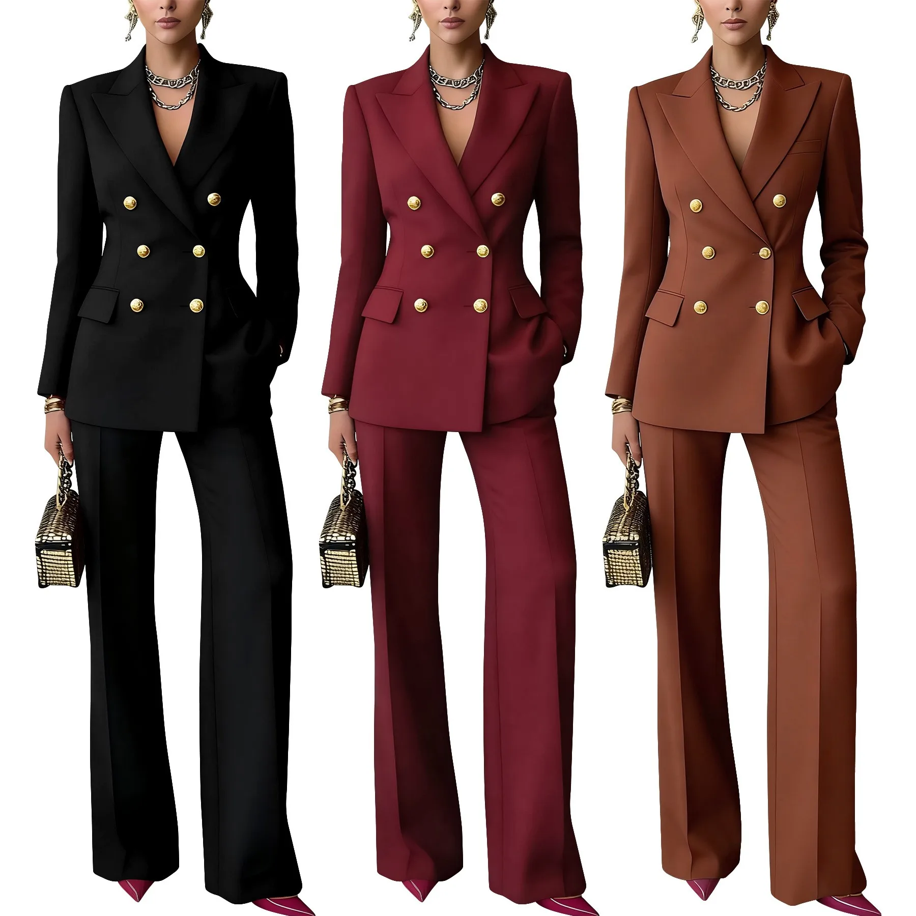 Ensemble Blazer Femme 2 Pièces – Veste Double Boutonnage & Pantalon Cheville | Bureau & Cérémonie