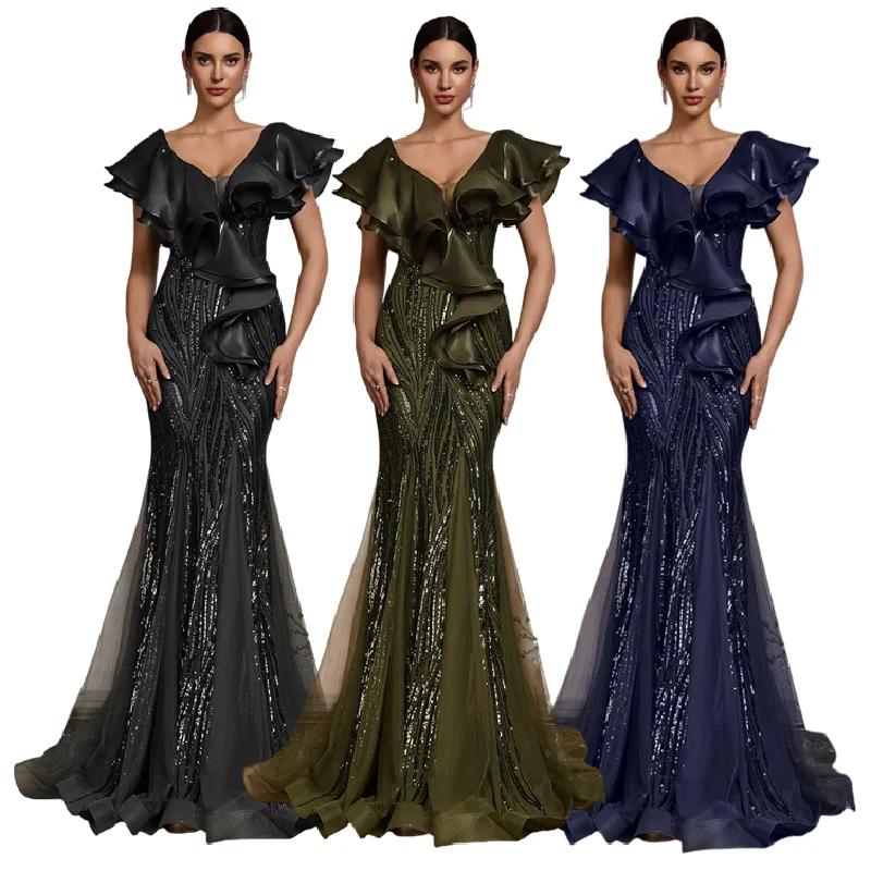 Robe Sirène Paillettes LY2704 – Élégante Robe de Soirée Luxe Dos Nu à Manches Volants