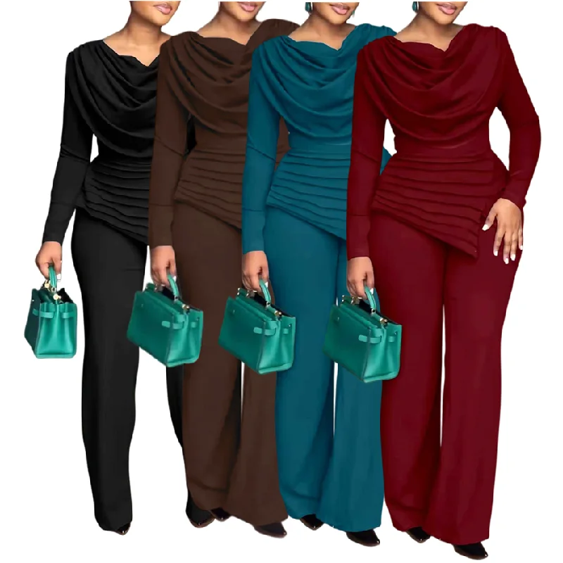 Ensemble 2 pièces femme grande taille BYJ658 – Haut col V & pantalon évasé décontracté