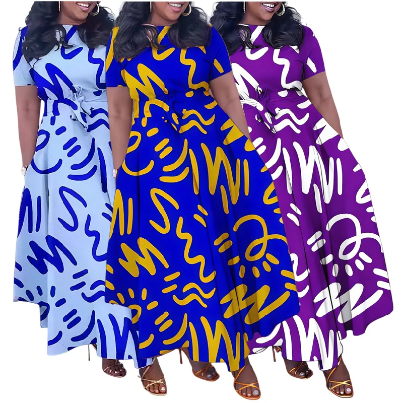 Robe Maxi Femme D3375 – Col Rond, Manches Courtes, Imprimé Graffiti, Coupe A-Line