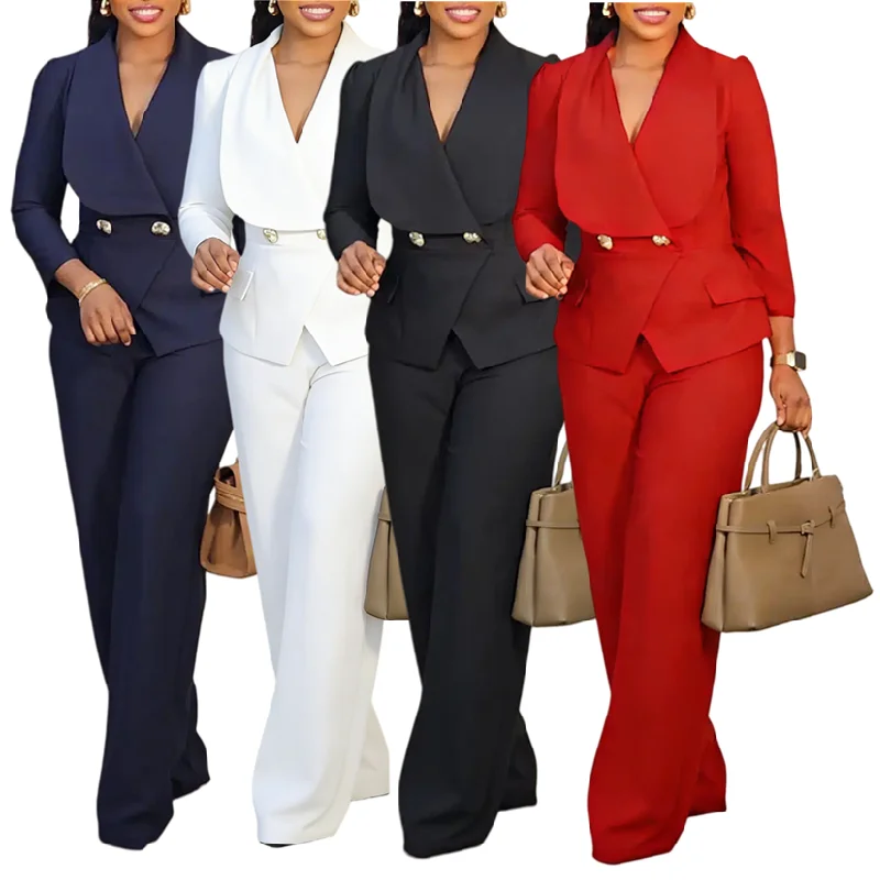 Ensemble Blazer Femme D3357 – Veste Col Tailleur & Pantalon Large, Tenue Bureau Chic